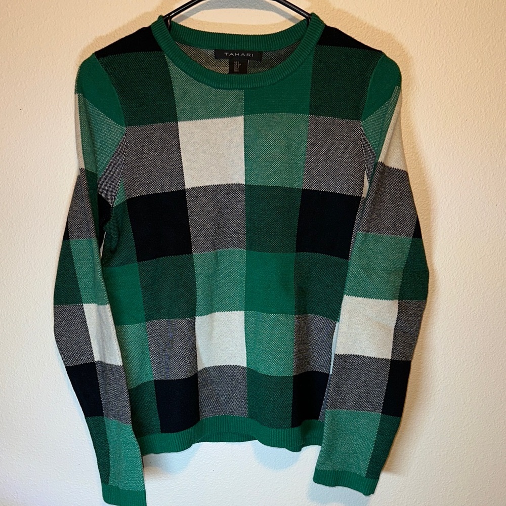 Tahari Green and Black Checkered Crewneck Sweater
